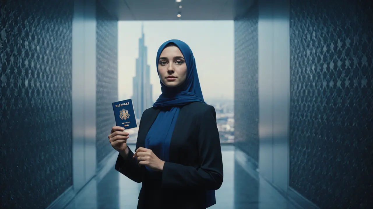 A professionally dressed escort holds an ID card in a sleek office hallway with Burj Khalifa visible.