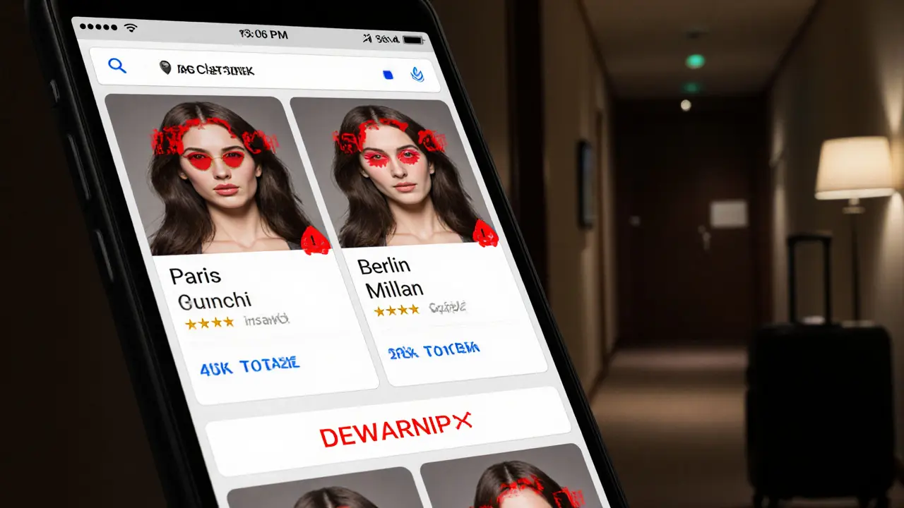 A smartphone showing identical escort photos across multiple cities, flagged as fraudulent.