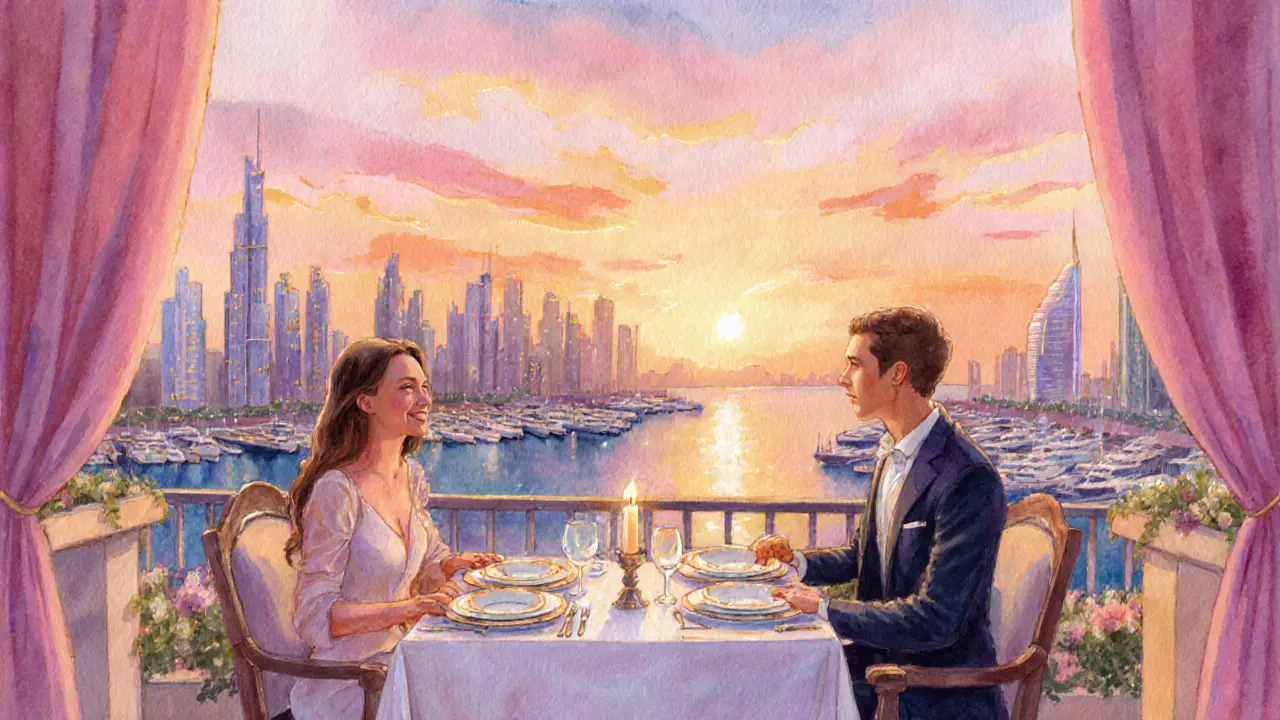 An elegant dinner on a balcony overlooking Dubai Marina, candles flickering and a relaxed couple chatting.