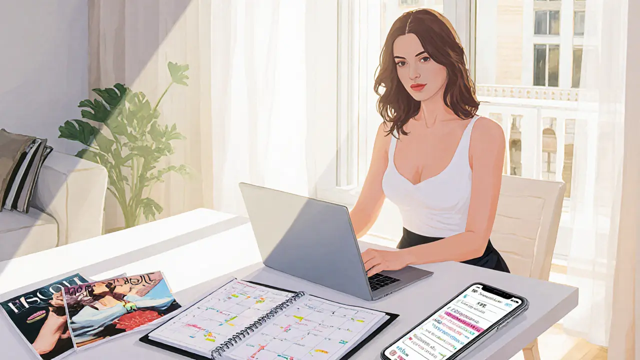 An independent escort working professionally at her laptop in a sunlit Milan apartment.