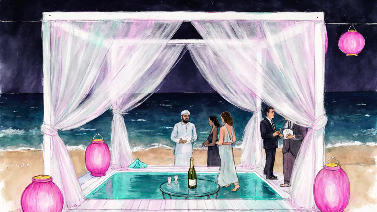 Beachside cabana at WHITE Abu Dhabi at night with neon lighting, champagne, and a host.