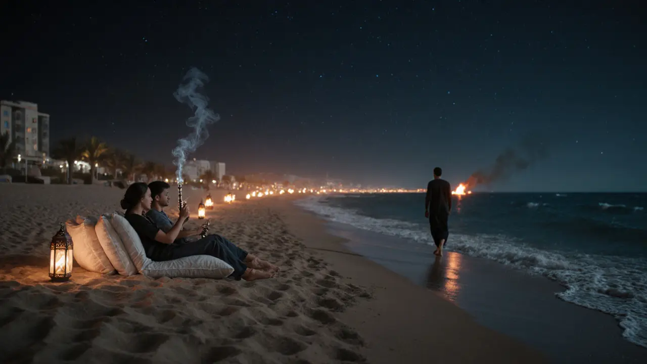 Beachside shisha lounge at midnight with lanterns, smoke curling under a starry sky, quiet and peaceful.