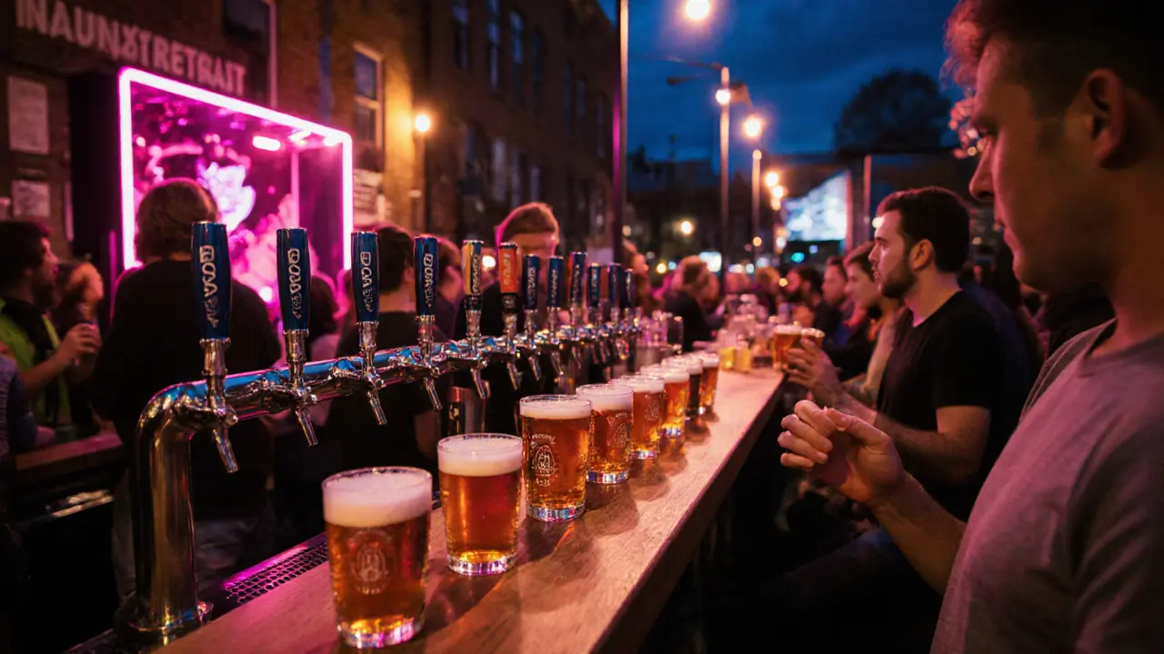BrewDog Camden patio crowded with patrons, neon lights, and many beer taps.