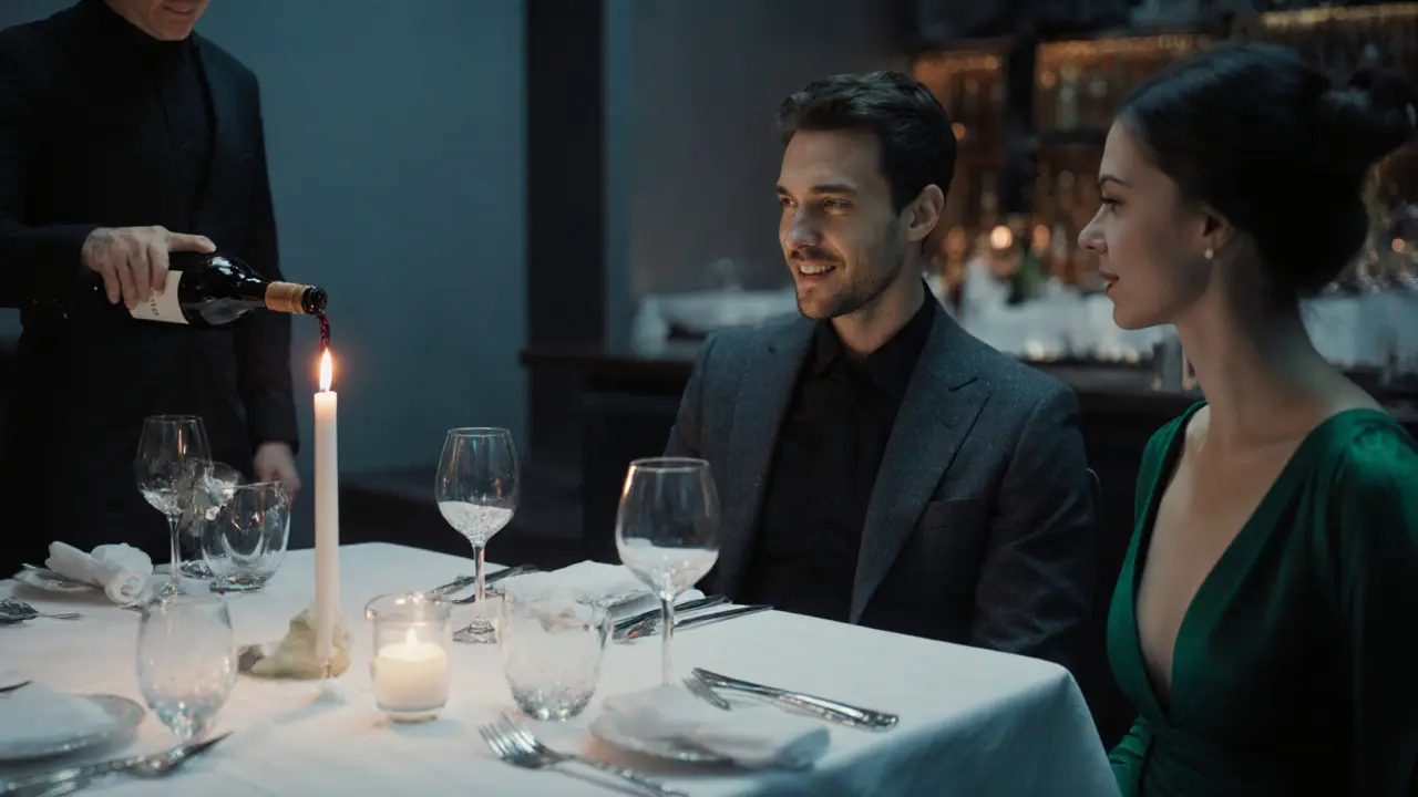 Candlelit table at upscale restaurant with two stylish diners and wine.