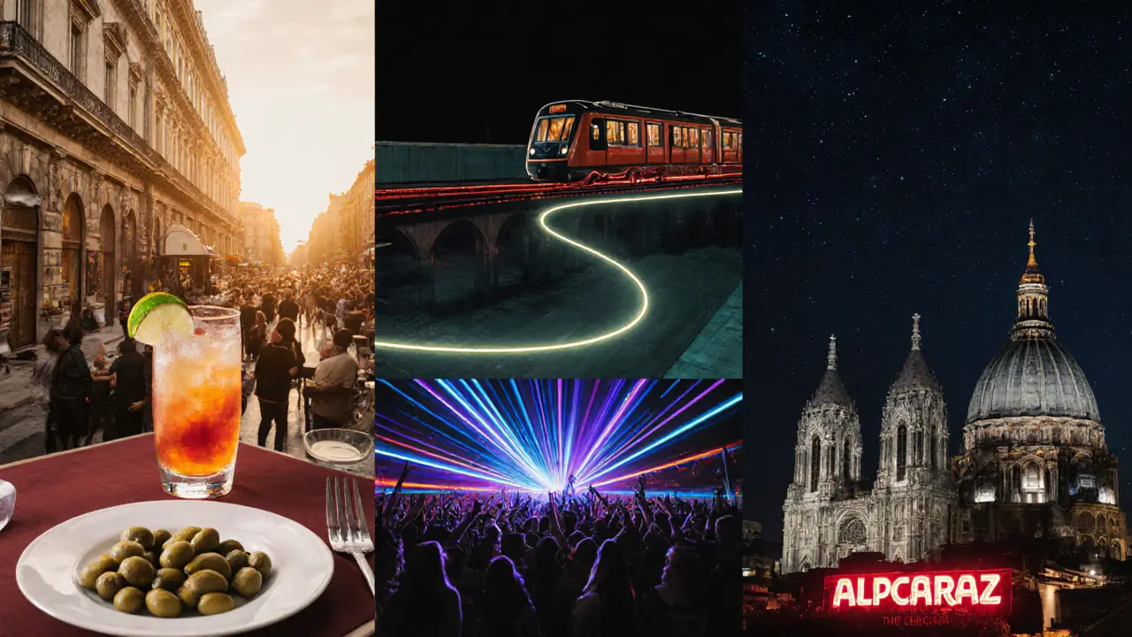 Collage of a Milan night itinerary: Camparino aperitivo, Alcatraz club, rooftop view.