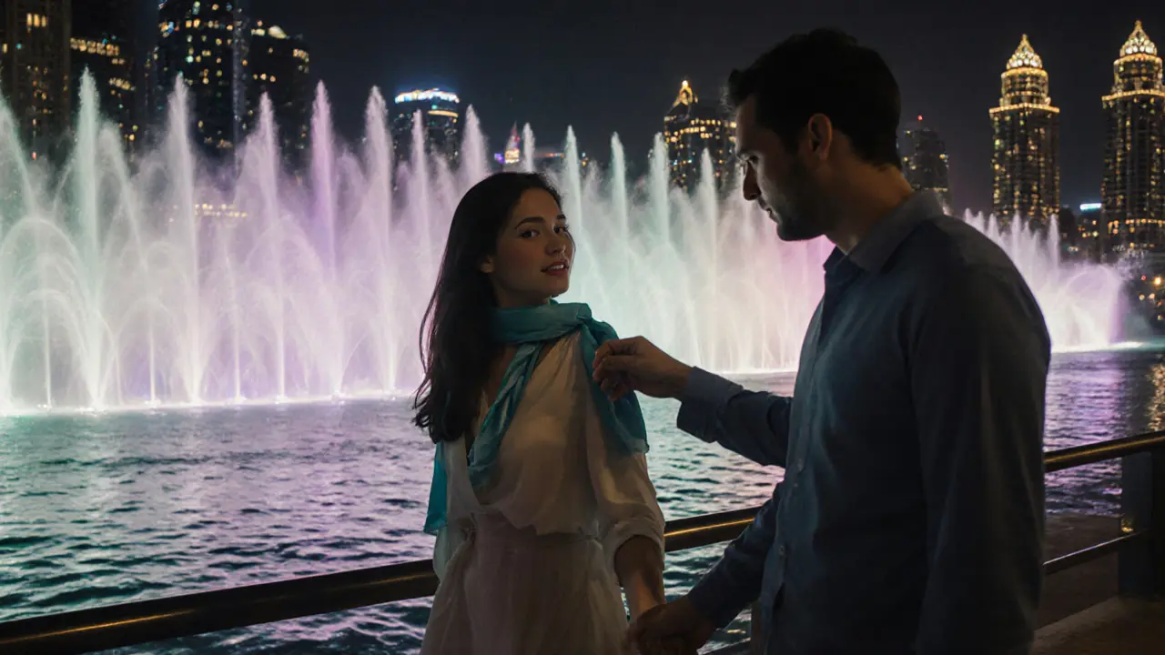 Couple exchanging a silk scarf near the illuminated Dubai Fountain at night.