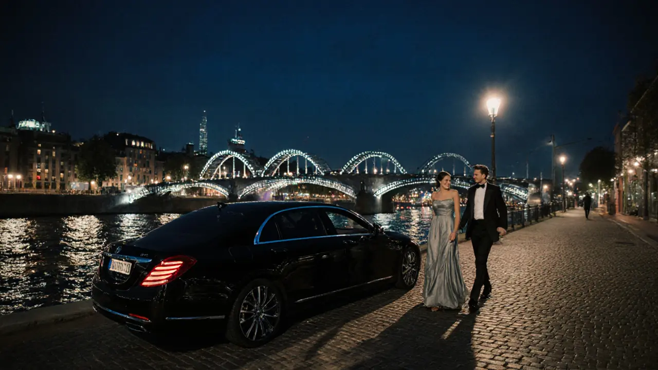 Couple in formal wear strolling by the illuminated Spree beside a black sedan.