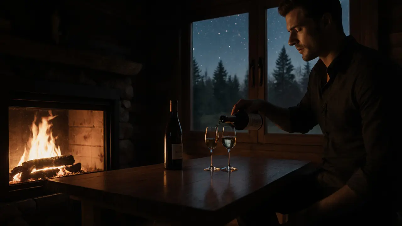 Cozy forest cabin interior with fireplace, wine, and escort serving a client.