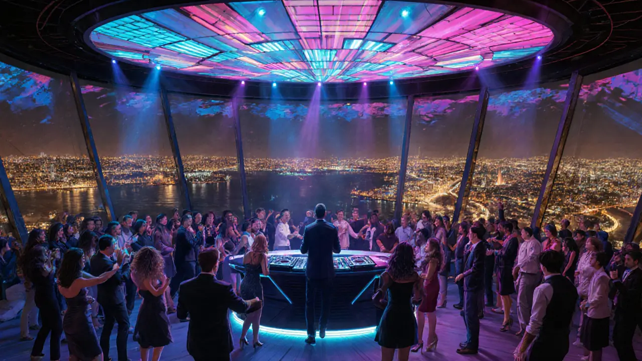 Crowded rooftop club with DJ, LED lights, and panoramic city view.
