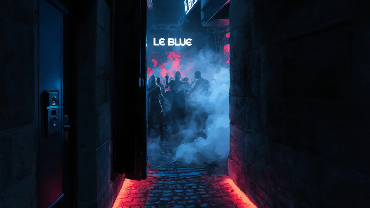 Dark alley leading to Le Blue nightclub, glowing door revealing a packed underground dance floor