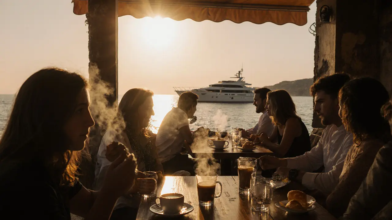 Dawn at La Rascasse bar with patrons drinking espresso as sunrise reflects on the harbor