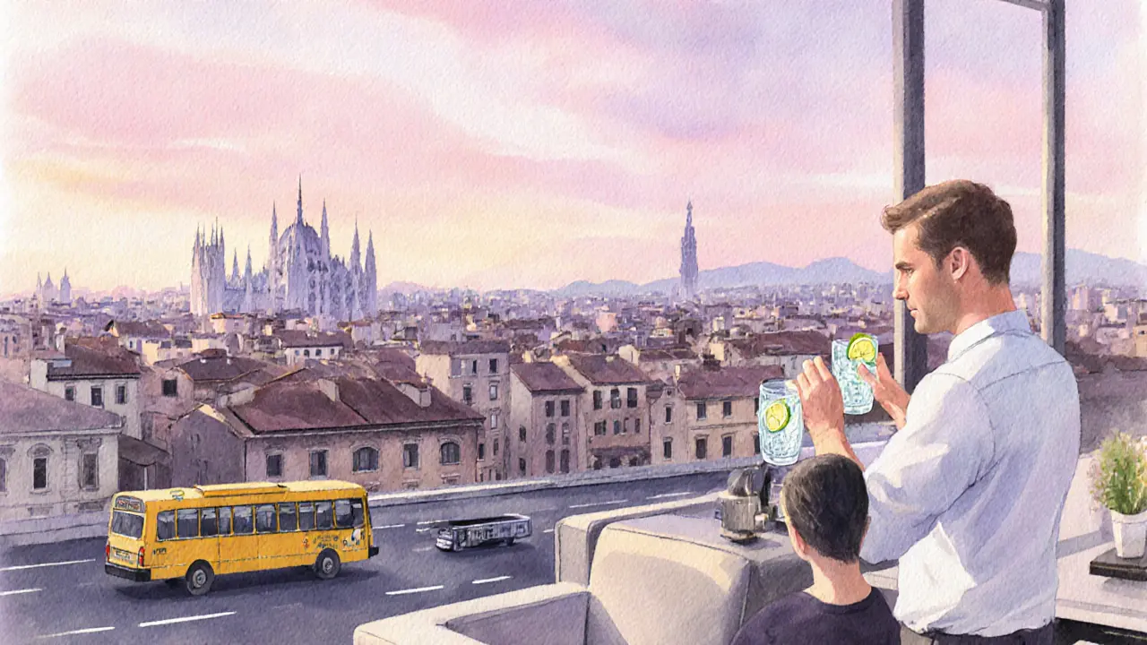 Early‑morning rooftop bar overlooking Milan skyline, bartender serving a gin tonic.
