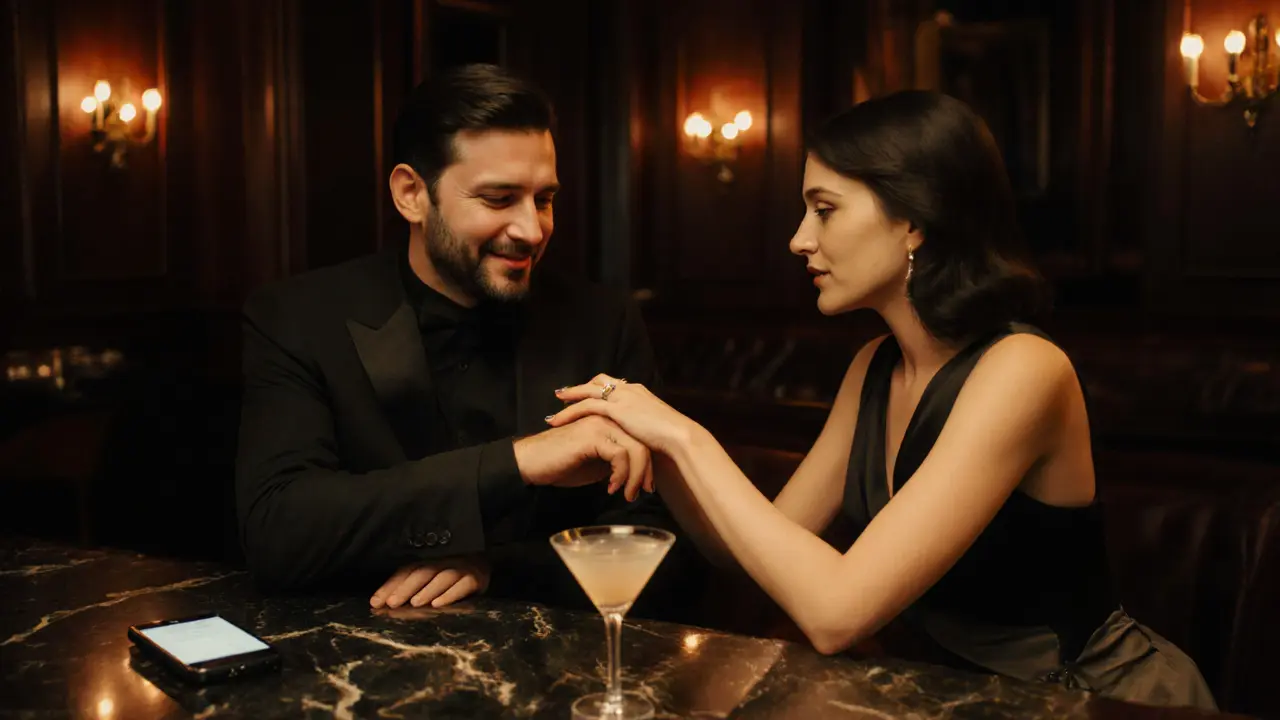 Elegant bar scene with a couple exchanging a safe‑word gesture and a phone notification.