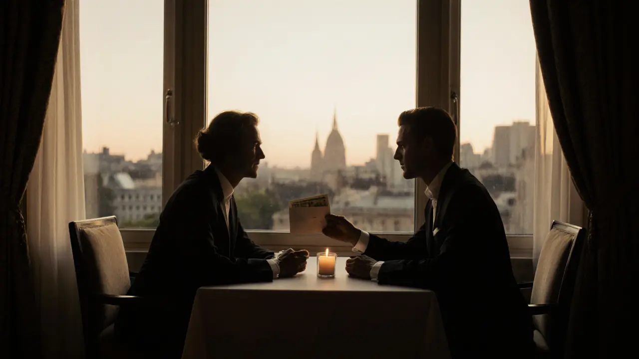Elegant hotel suite scene with two silhouettes exchanging cash respectfully.