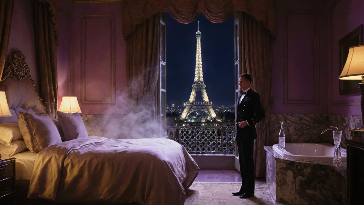 Elegant hotel suite with marble bathroom, soaking tub, and balcony view of the Eiffel Tower.