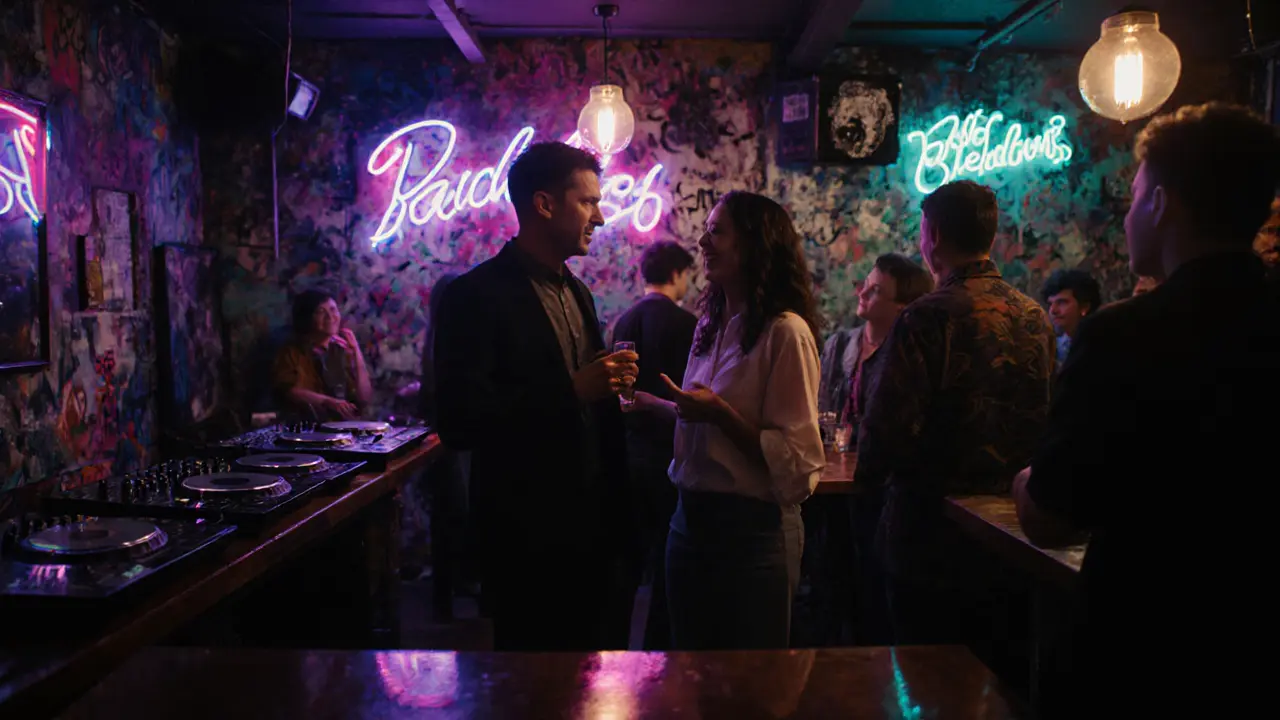 Escort and traveler enjoy a lively underground after‑party with neon lights.