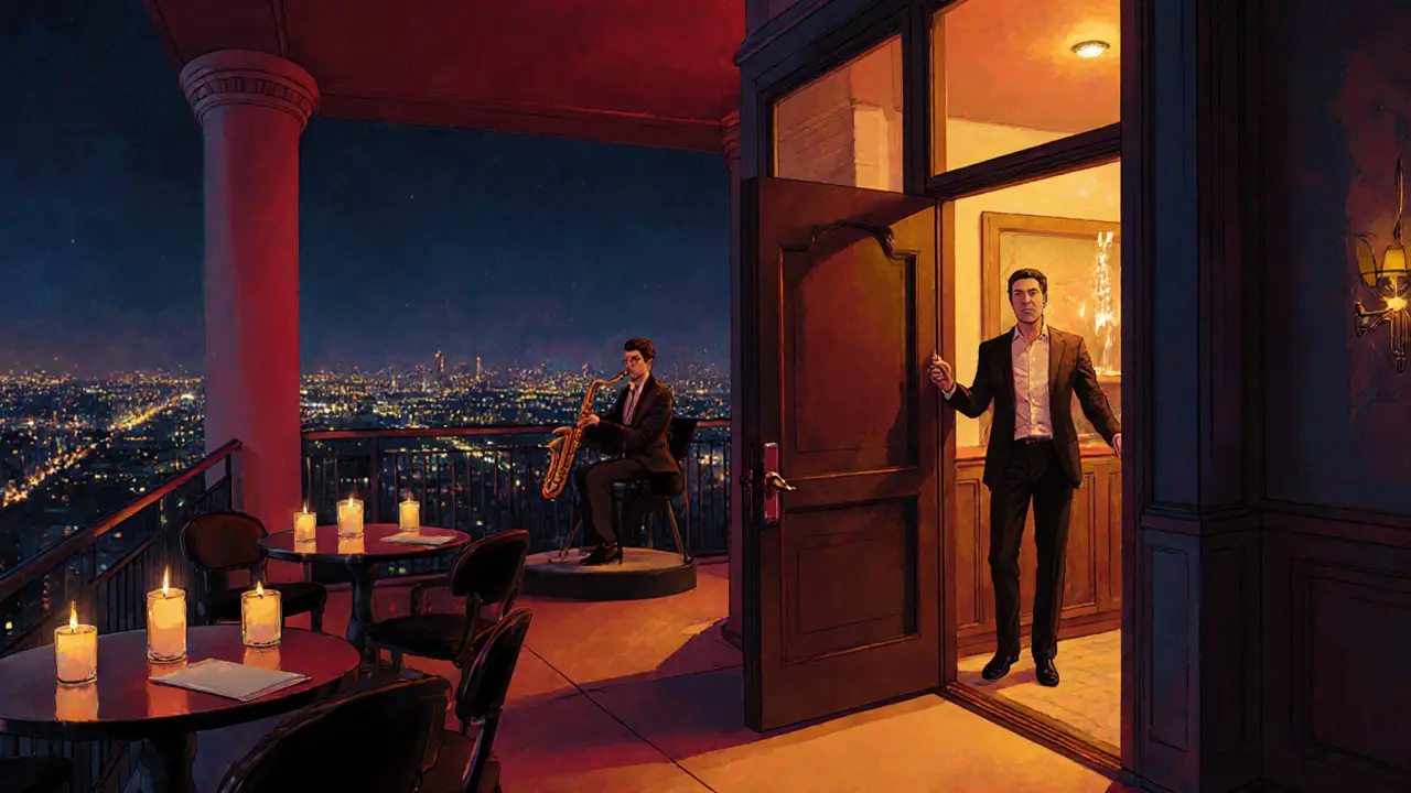 Escort opens a secret rooftop lounge door, revealing a candlelit saxophone performance.