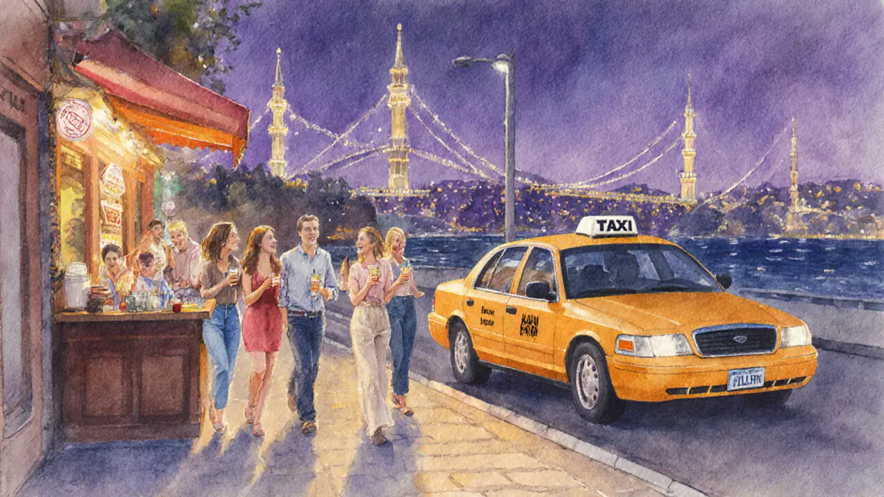 Friends walking from a bar to a taxi near the illuminated Bosphorus.