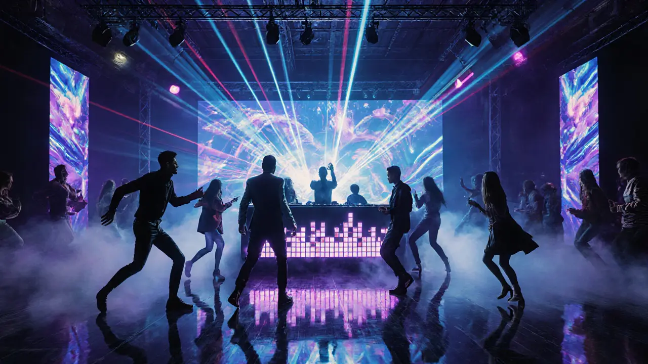 High‑energy Clubroom interior with dancing crowd, DJ booth, and neon lighting.