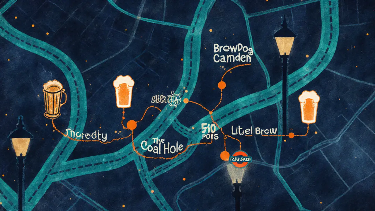 Illustrated night map showing a craft‑beer crawl route between four London bars.