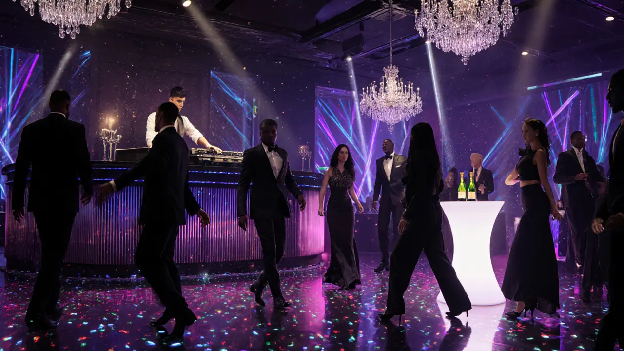 Inside Jimmy'z club with dancing crowd and neon lights.