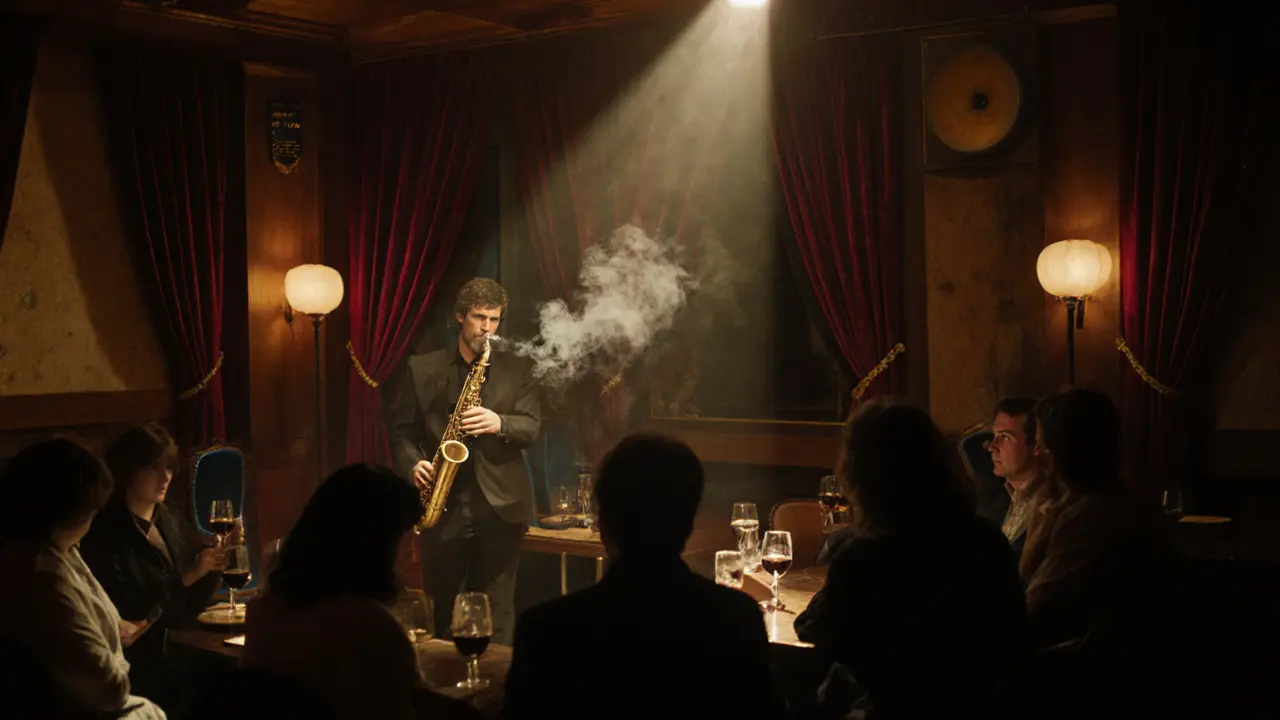 Intimate jazz club interior with a saxophonist performing under a spotlight and patrons listening quietly.
