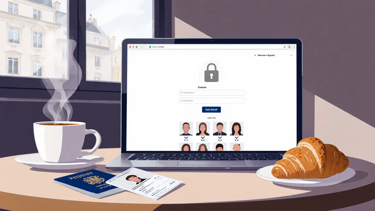 Laptop on café table showing a secure booking portal and blurred ID verification documents.