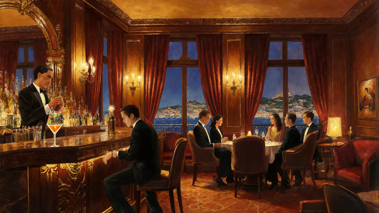 Le Bar Américano lounge with pianist, cocktails, and elegant patrons.