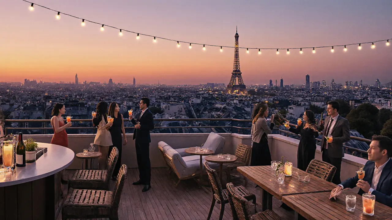 Le Perchoir rooftop bar at sunset with city skyline, Eiffel Tower lights and guests enjoying cocktails.