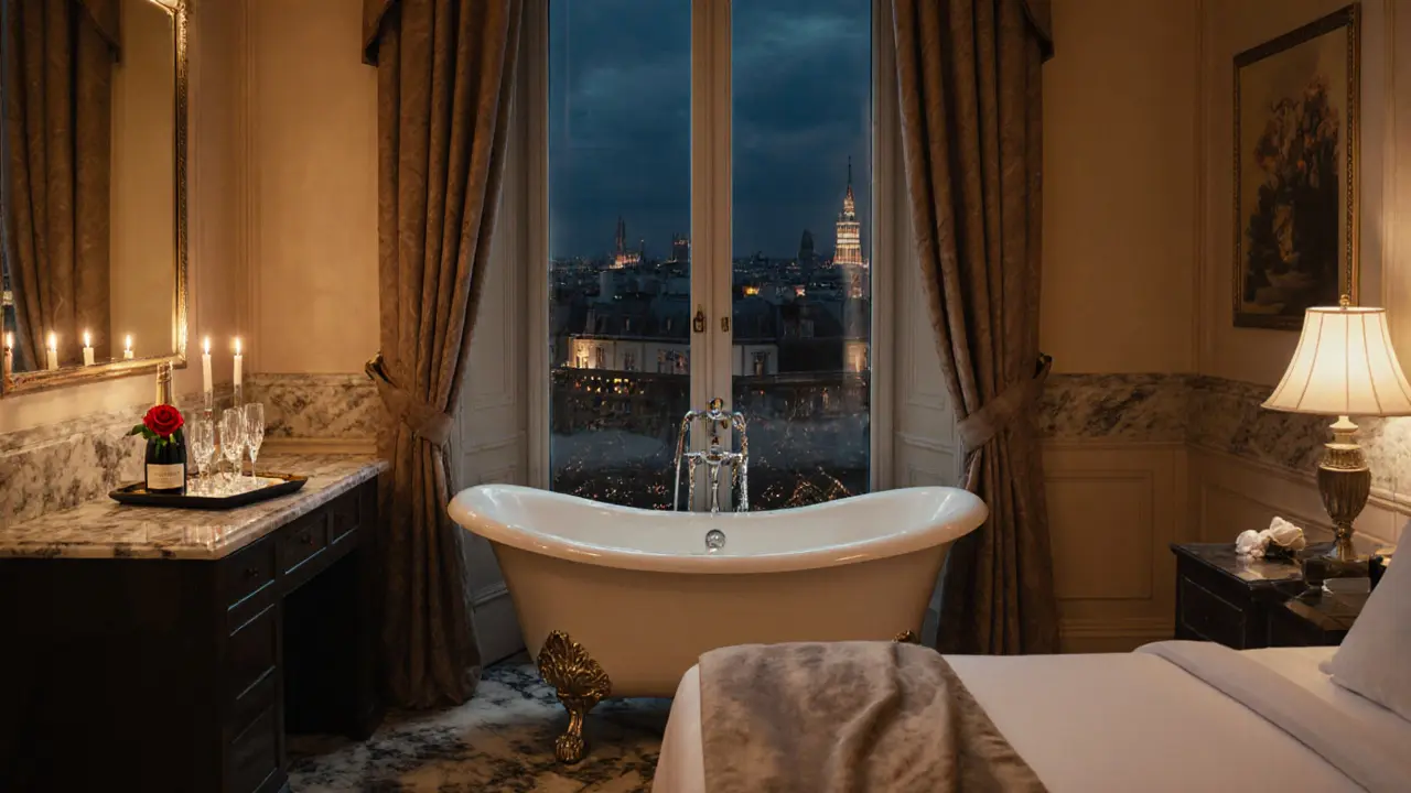 Luxurious hotel suite bathroom with marble tub and city skyline view.