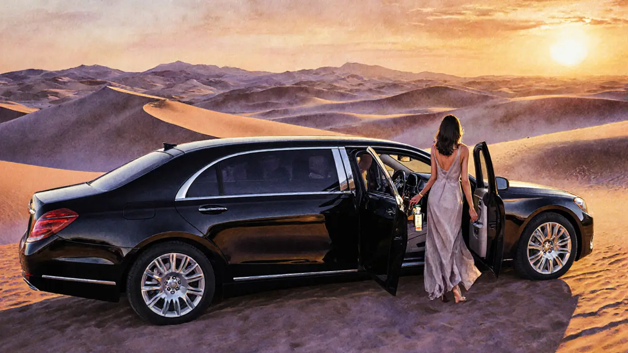 Luxury limousine by desert dunes as a stylish escort steps out at sunset.