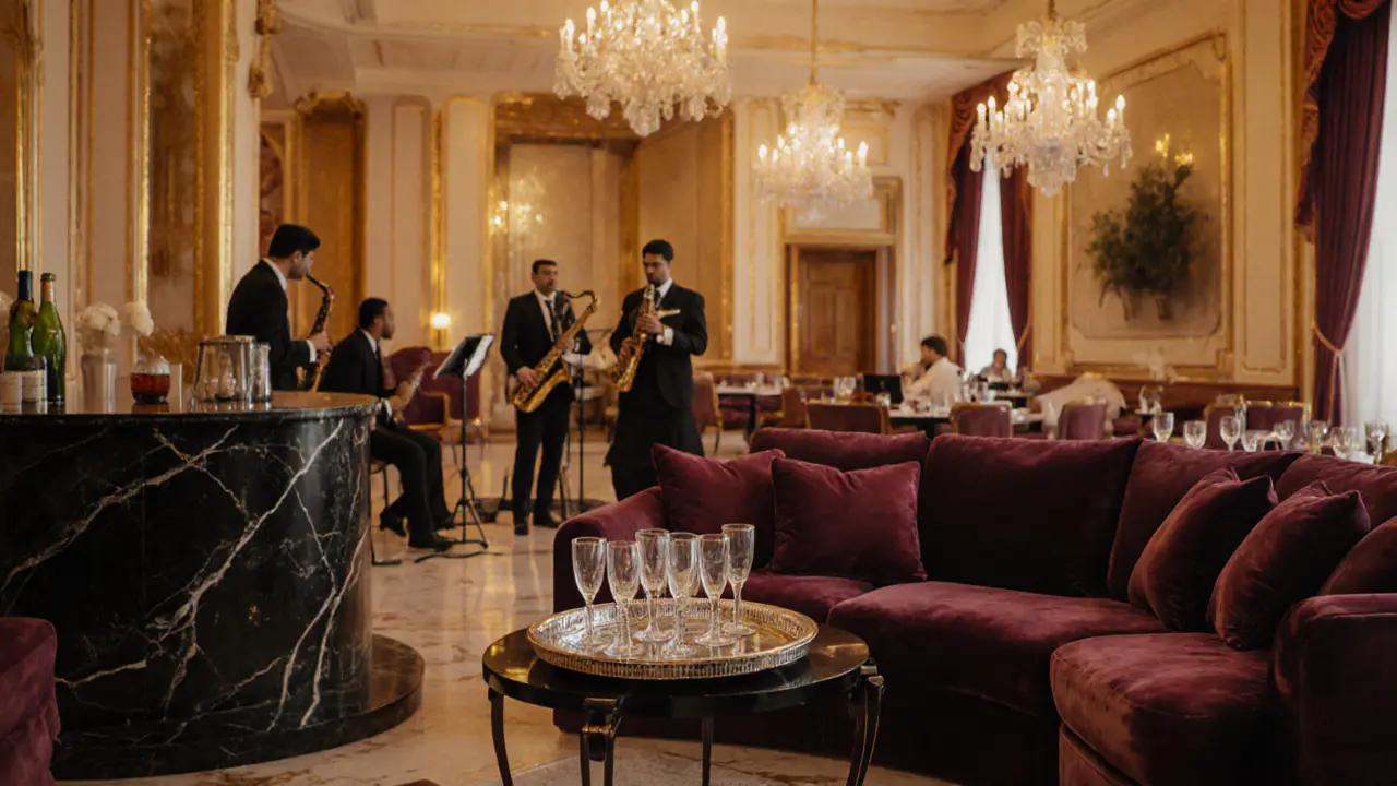 Opal Lounge interior with gold décor, plush sofa, champagne tray, and live jazz musicians.