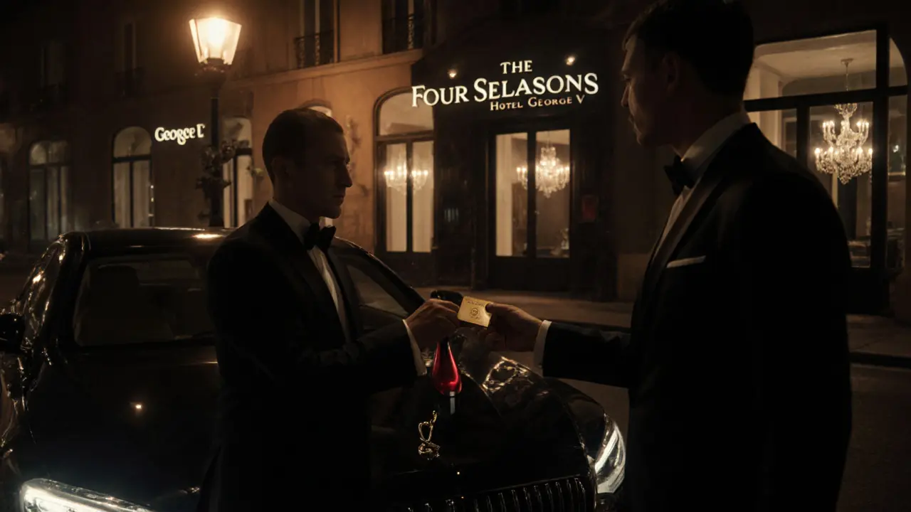 Private car and concierge exchanging a key at a five‑star hotel under night lighting.
