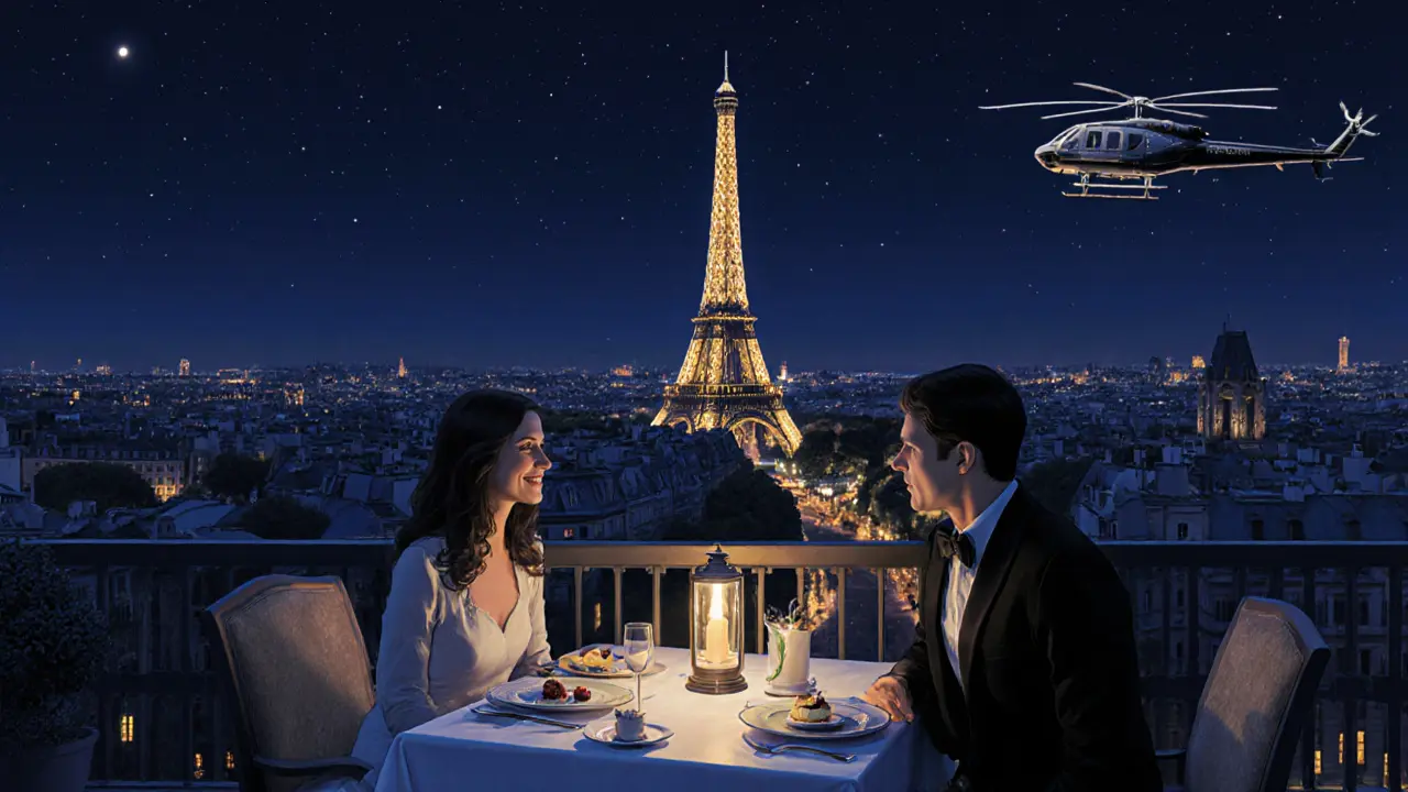 Romantic terrace with Eiffel Tower view and subtle helicopter lights.