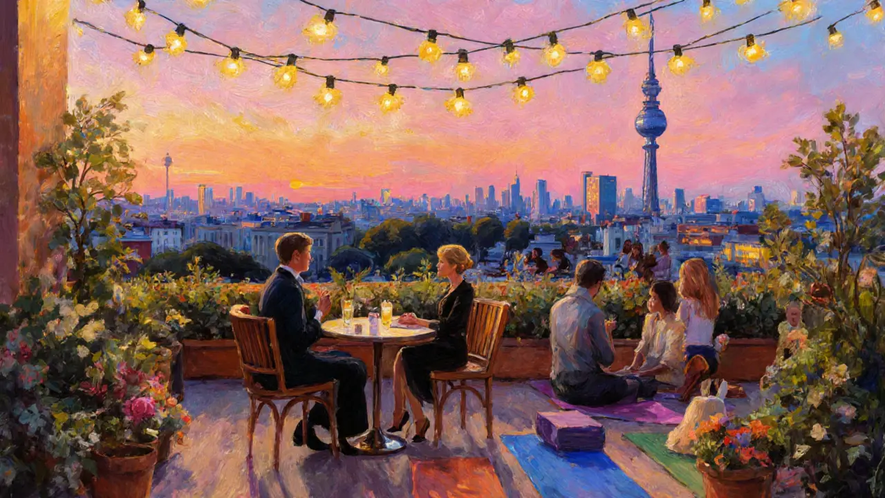 Rooftop bar scene at sunset with an escort and guest overlooking the Berlin TV tower.