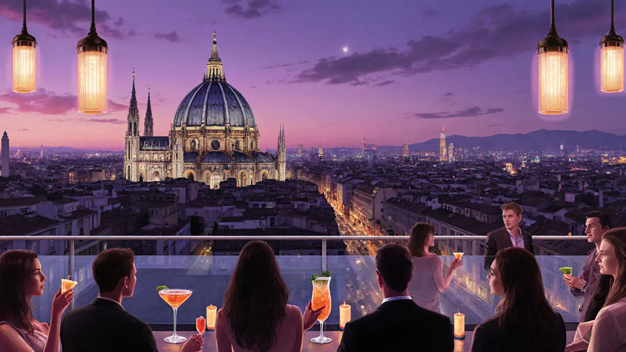 Rooftop bar Terrazza Aperol with fashionable crowd and illuminated Duomo at sunset.