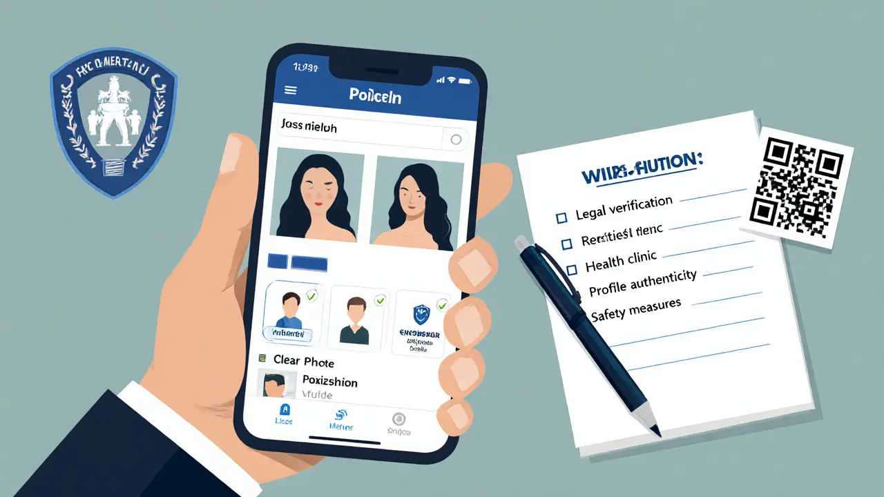 Smartphone displaying a verified escort profile with safety icons and notes.