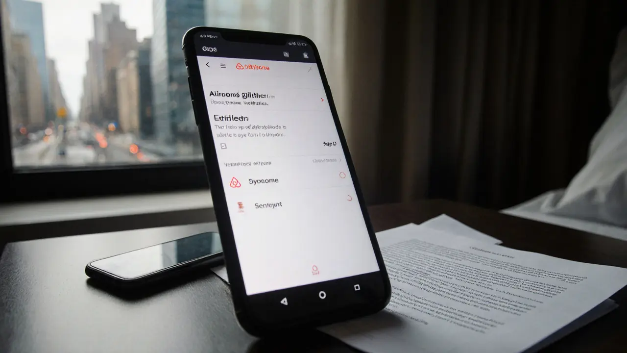 Smartphone showing verified Airbnb booking with burner phone and contract on nightstand.