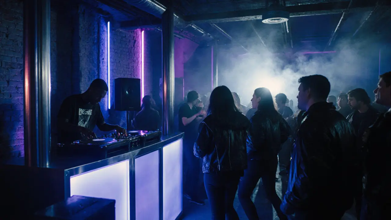Underground Rex Club with neon lights, DJ booth and a crowd dancing to techno beats.