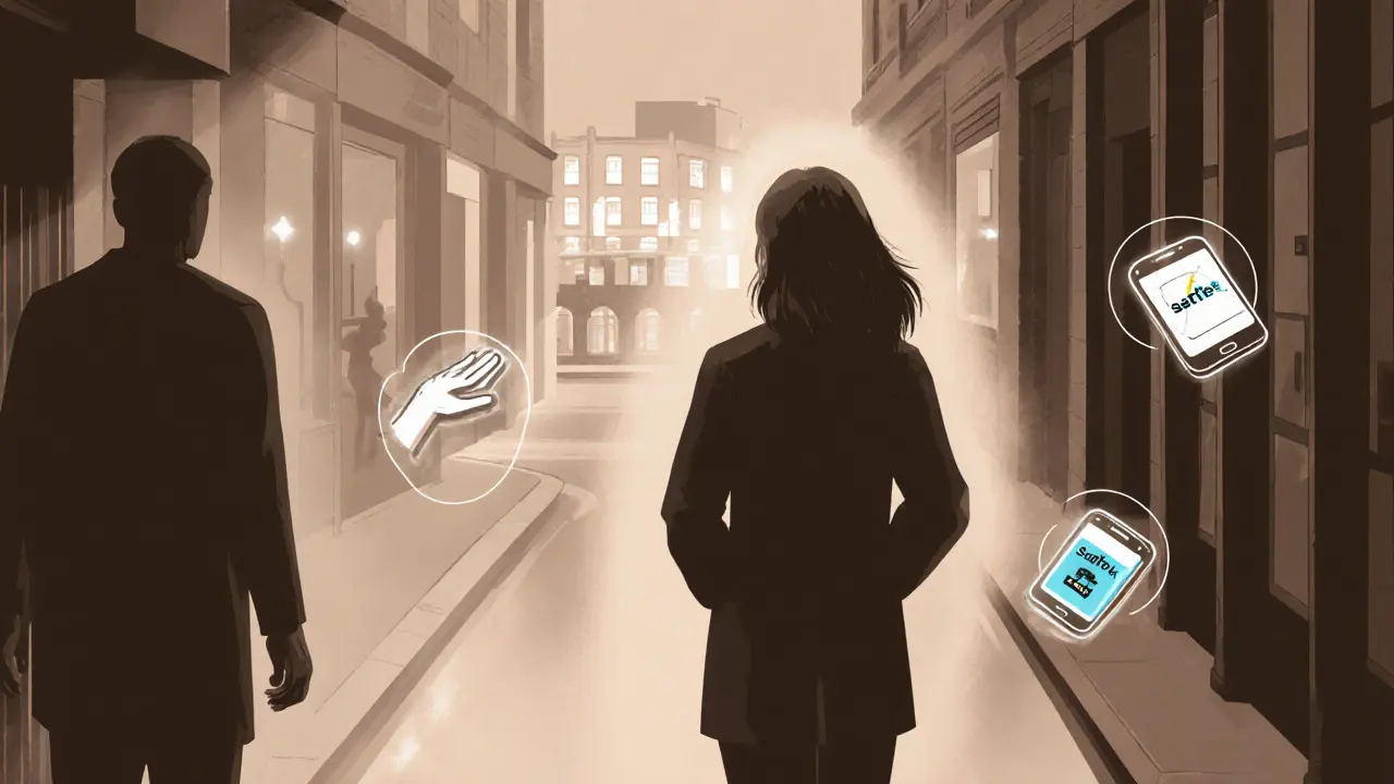 Woman walking away from shadowy figure as safety app icons glow around her in foggy alley.