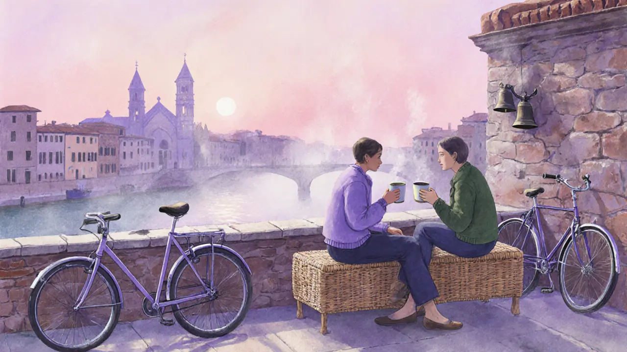 A companion and client enjoying coffee together on a quiet Navigli rooftop garden at dawn.