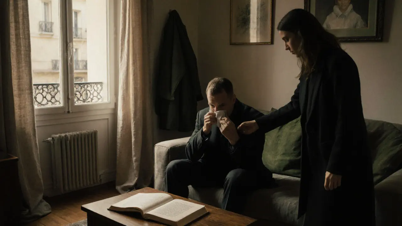 A compassionate moment in a Paris apartment, a woman offering a tissue to a man seated on a sofa.