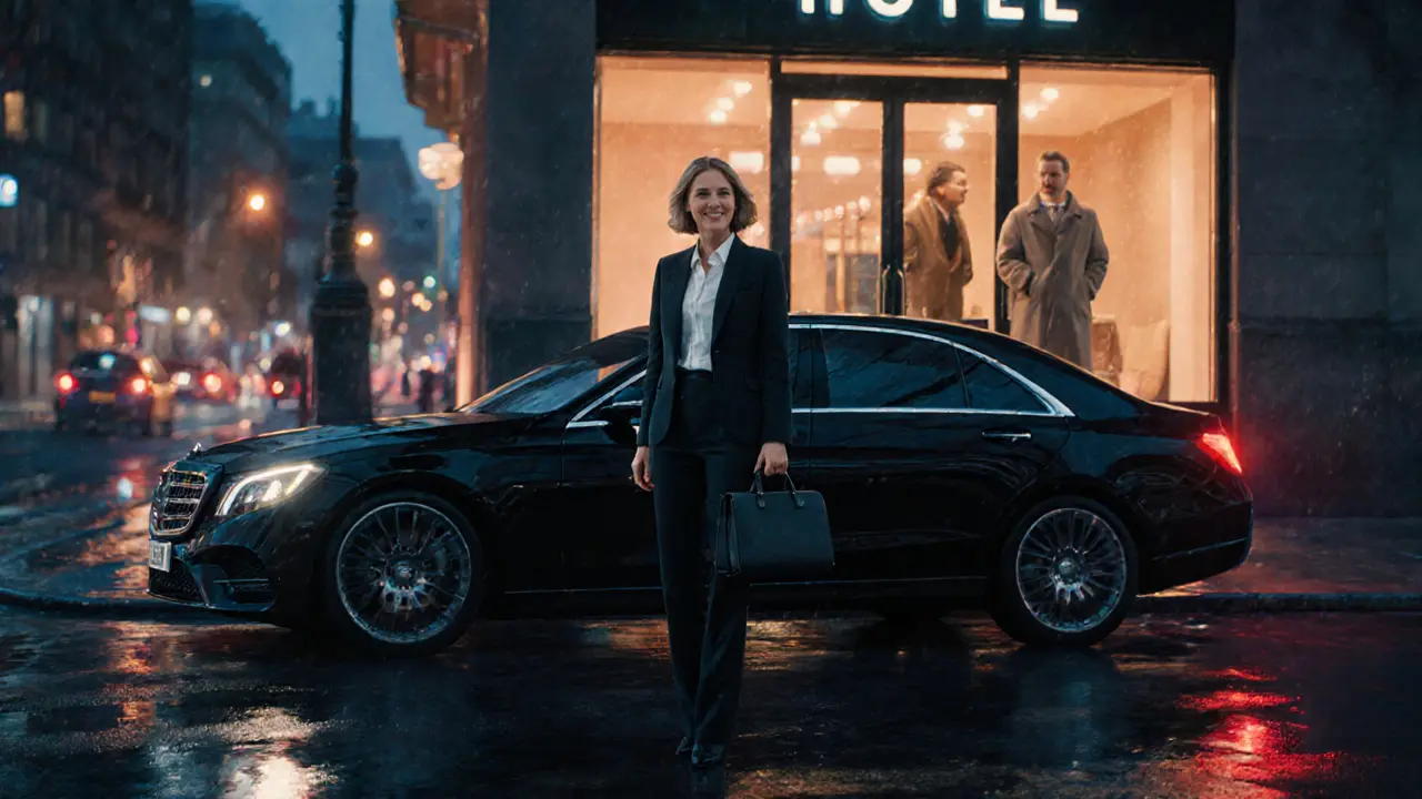 A confident woman outside a Berlin hotel at dusk, standing near a car as a man watches from inside.