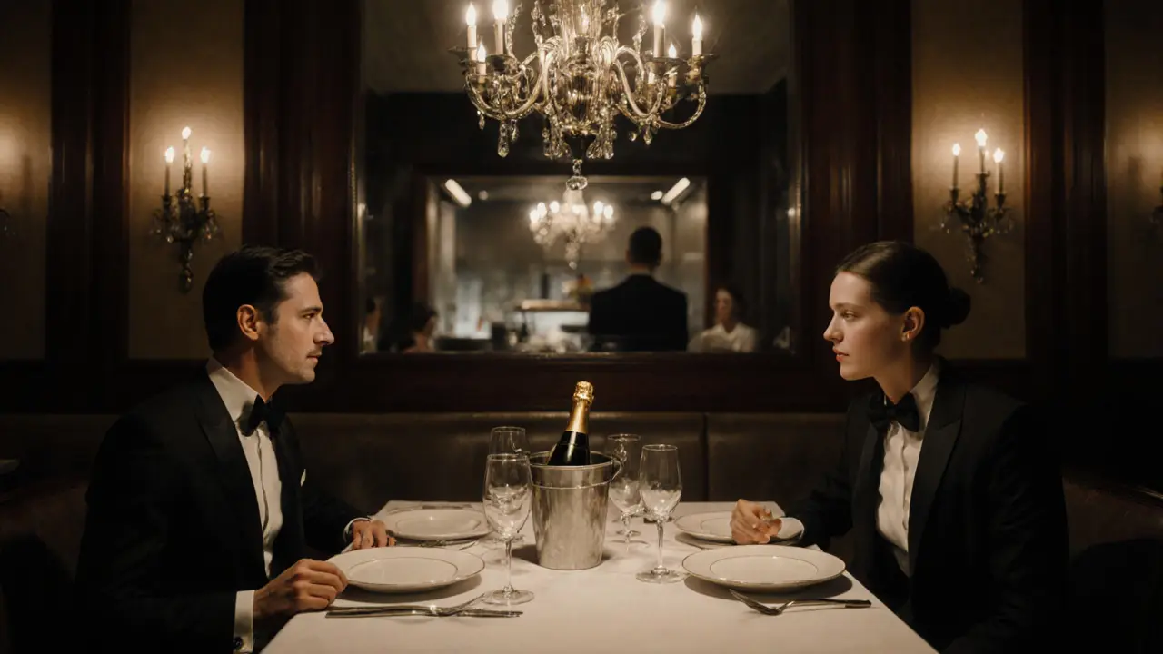 A couple enjoying a refined dinner at a Michelin-starred restaurant in Berlin, candlelight reflecting on fine tableware.