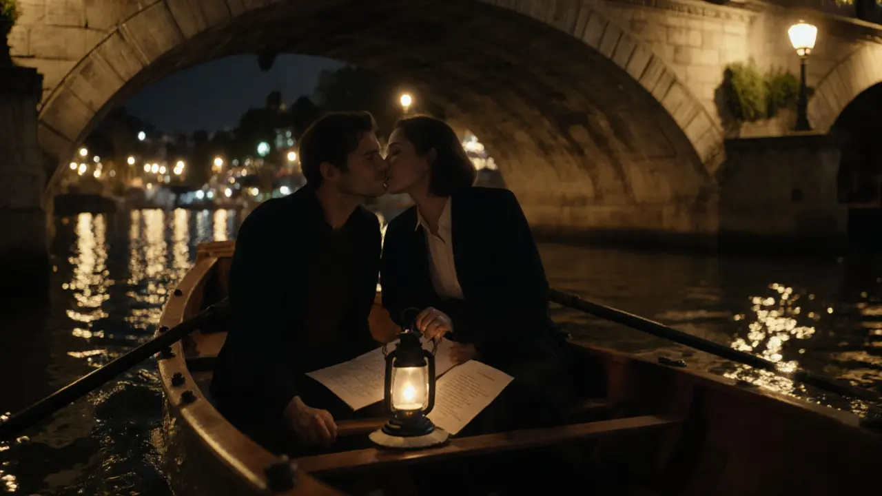 A couple rows a small boat under a Parisian bridge at night, lantern light reflecting on the water.