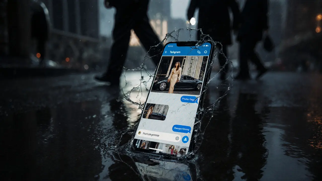 A cracked smartphone screen shows staged escort ads reflected in a rainy Dubai street puddle.