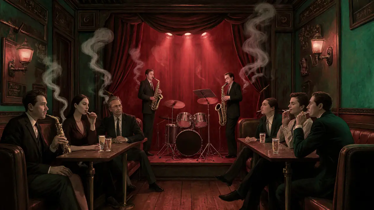 A dimly lit jazz club with musicians playing and patrons listening intently in vintage surroundings.