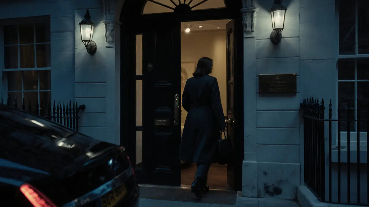 A discreet townhouse door in Mayfair at dusk with a car waiting outside.