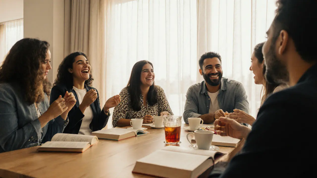 A diverse group enjoying a book club event in sunlight, surrounded by books and tea, at a cultural center in Abu Dhabi.