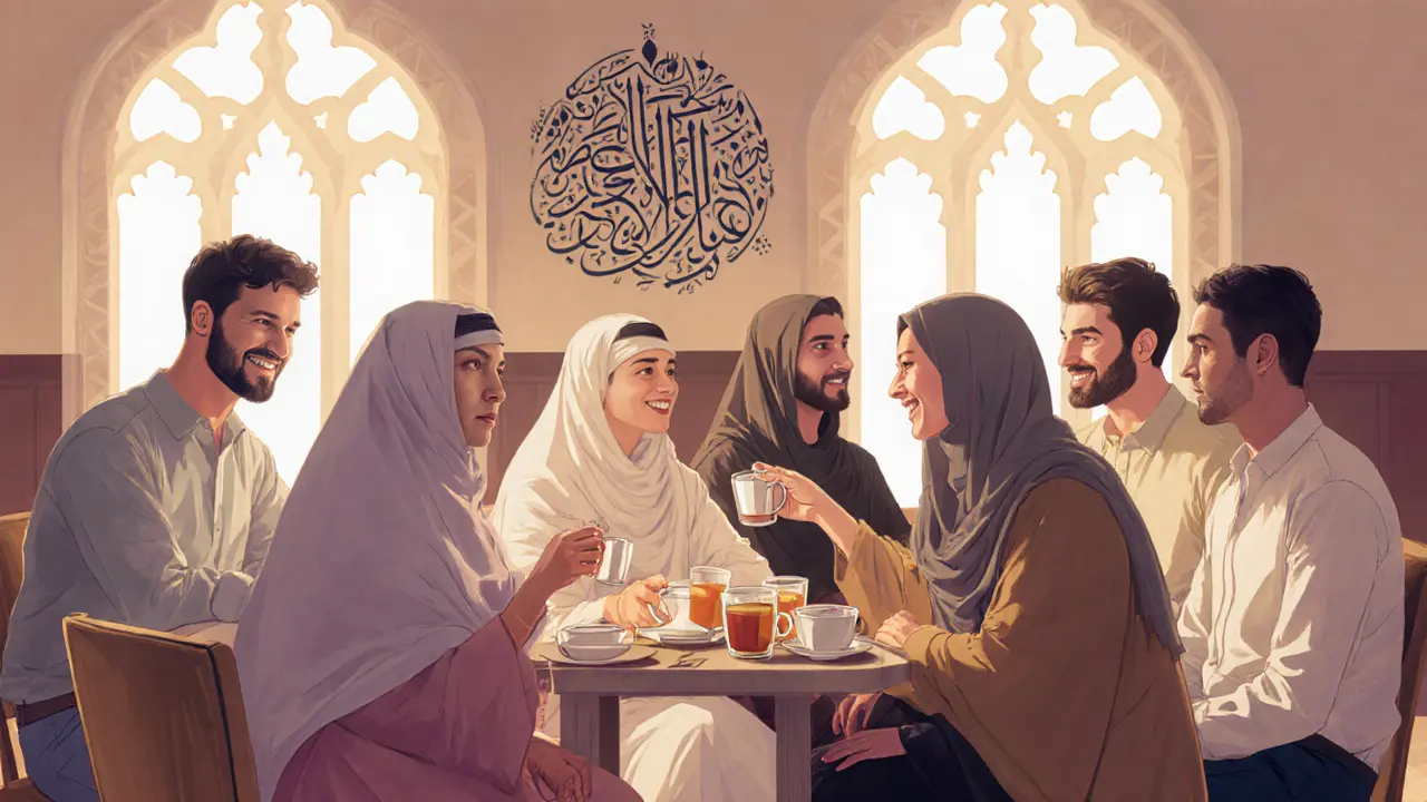 A diverse group of people sharing tea and conversation during a cultural language exchange event.